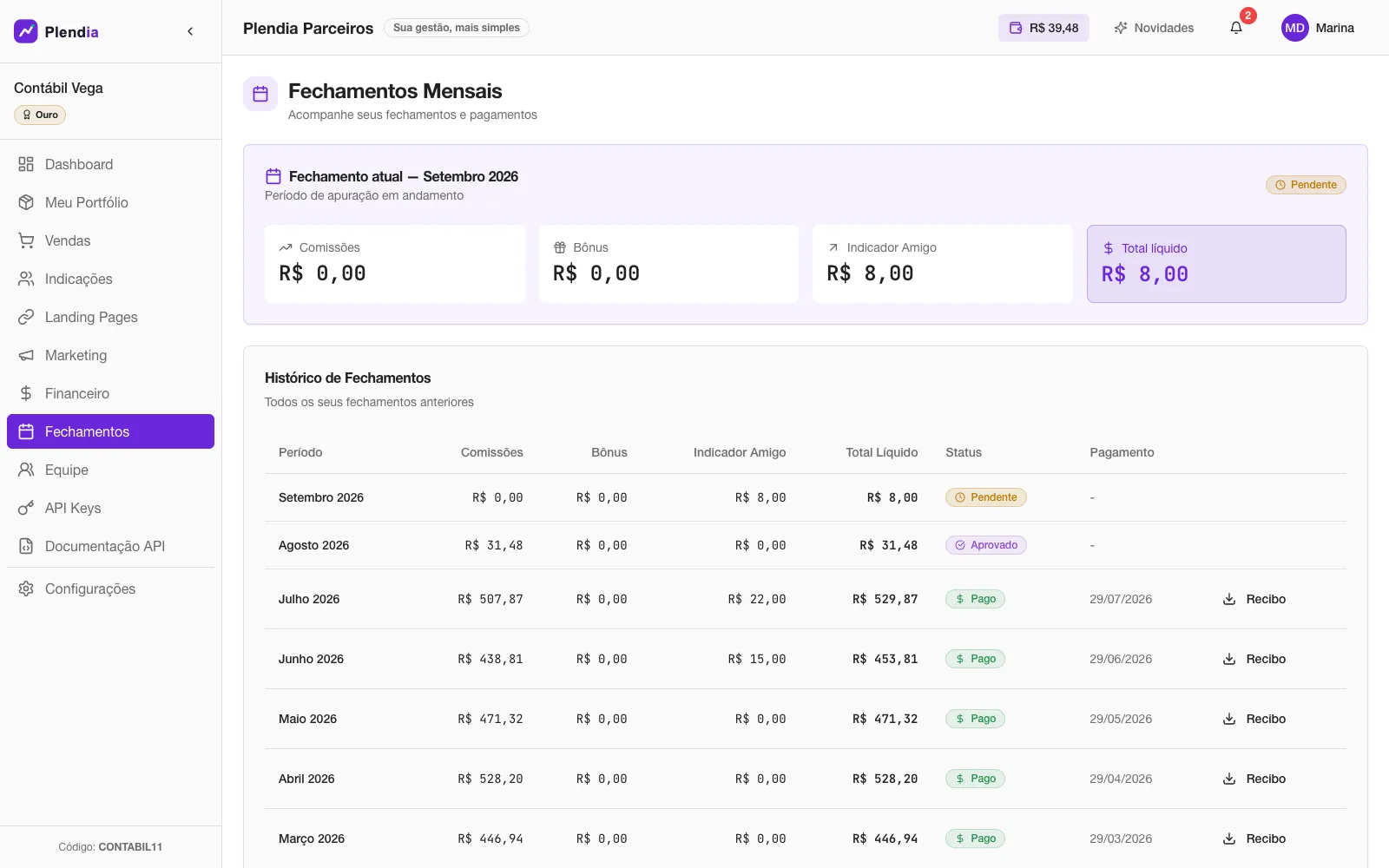 Histórico de Fechamentos do Parceiro: meses pagos com data, um aprovado e um em apuração.