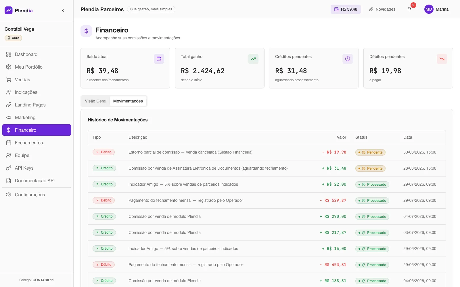 Extrato financeiro do Parceiro, com créditos e débitos do período.