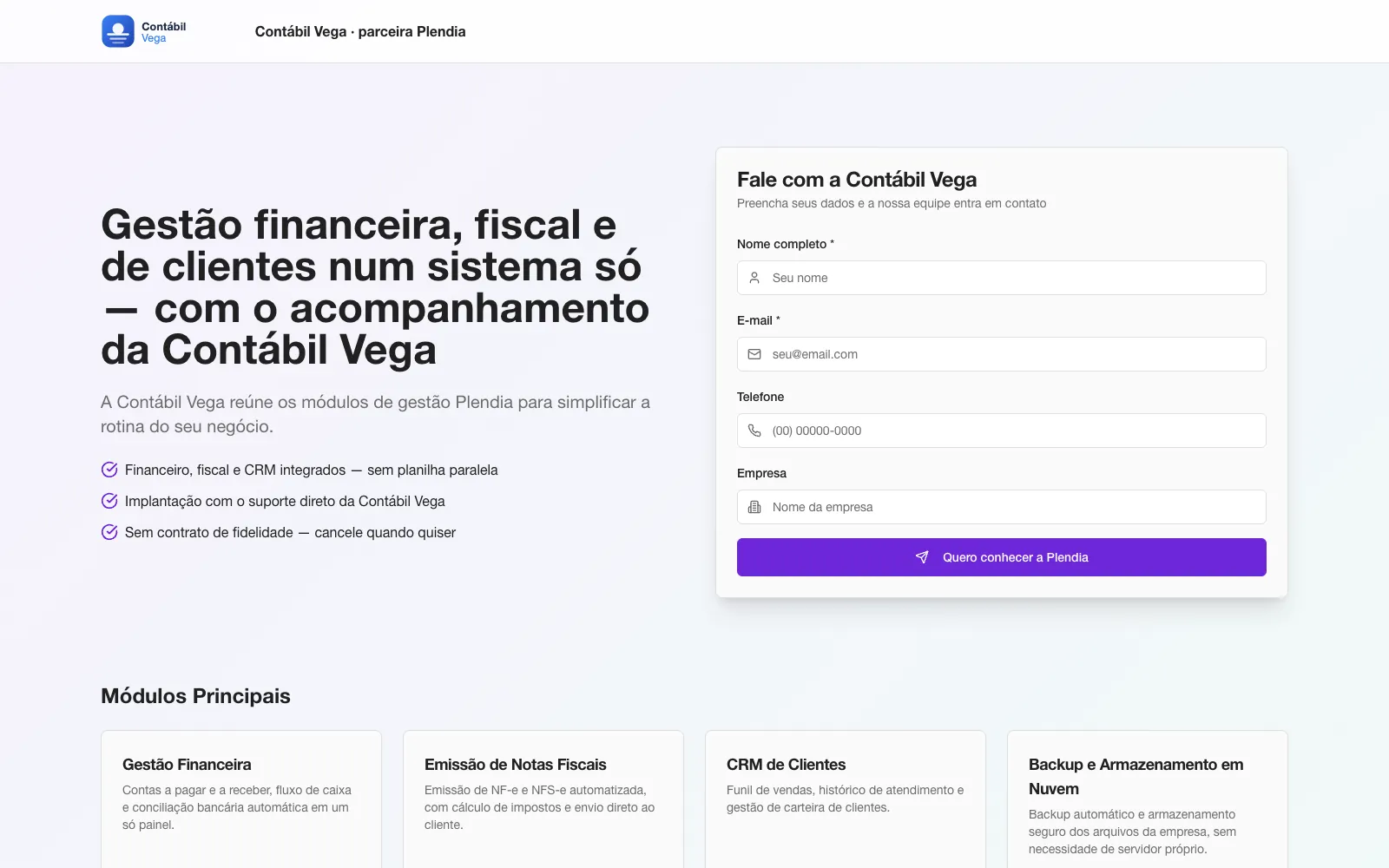 Página pública da Contábil Vega, com a marca do Operador e o botão "Quero conhecer a Plendia".